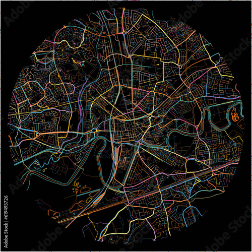 Colorful Map of Warrington, North West England with all major and minor roads.