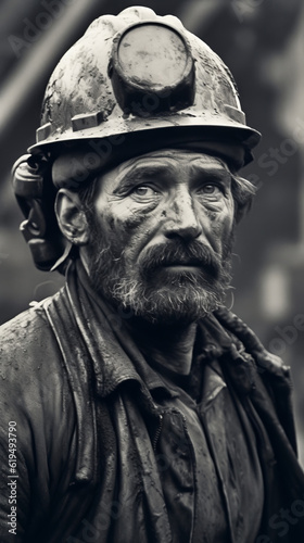 portrait of a person, black and white portrait of a miner, generative ai