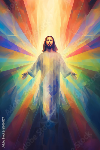 A painting of Jesus standing in front of a bright light. Generative AI.