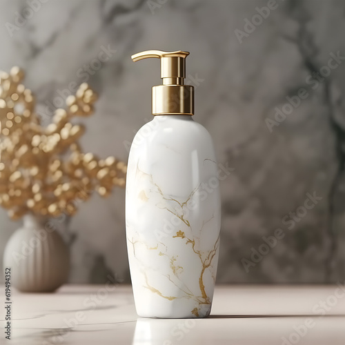 swirling pump is gold liquid bottle sitting on marble surface near flowers