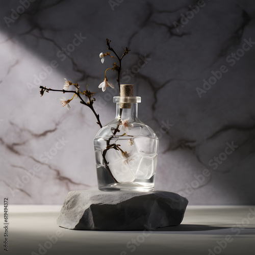 vase is shown in the shadows with small branch growing from the glass jar