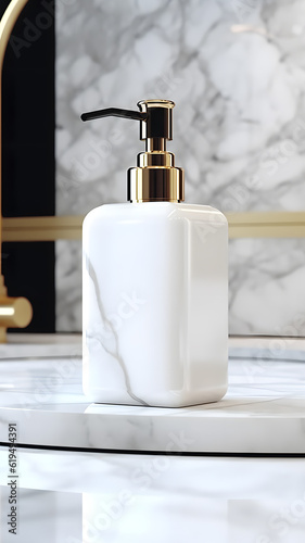 rectangular marble soap dispenser with gold base on counter