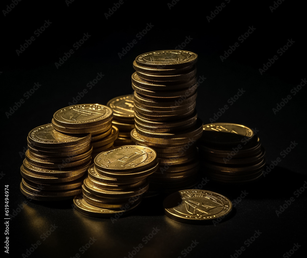 Set of realistic golden coins pile. Different Stacks of gold money, on black background Generative AI. Set of realistic golden coins pile. Different Stacks of gold money, on black background Generative AI.