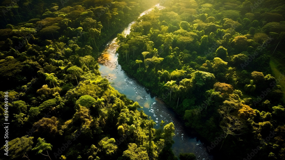 The aerial view of wide river through a green tropical forest. Generative AI