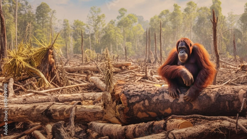 Orangutan sits in solitude on a tree remnant, palm oil production. Generative AI