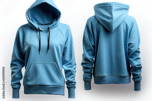 A women's blue hoodie on a white background. Generative AI. Mockup with space for your design or logo.
