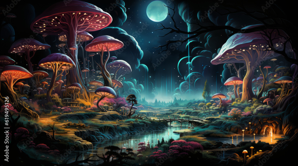 magic of the world, a magical forest full of mushrooms and creatures with moon in background, generative ai