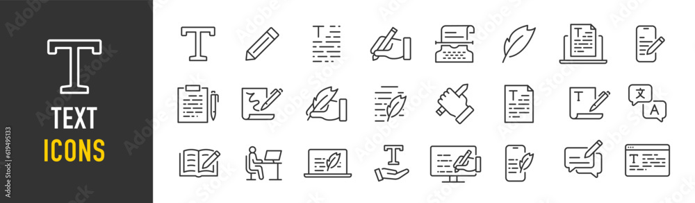 Text web icons in line style. Words, read, copywriting, collection. Vector illustration. - obrazy, fototapety, plakaty 