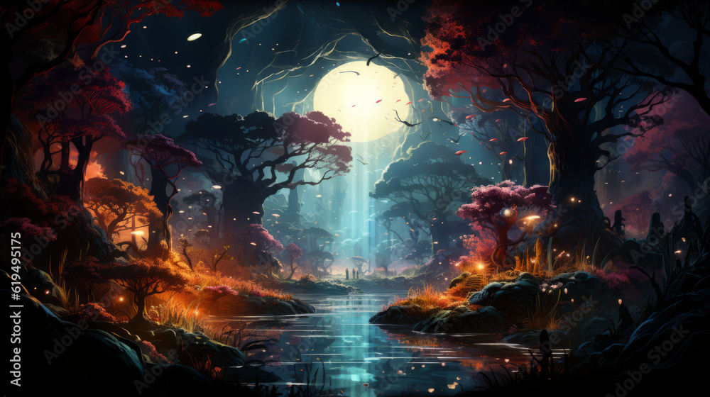 Fototapeta premium magic of the world, a magical forest full of mushrooms and creatures with moon in background, generative ai
