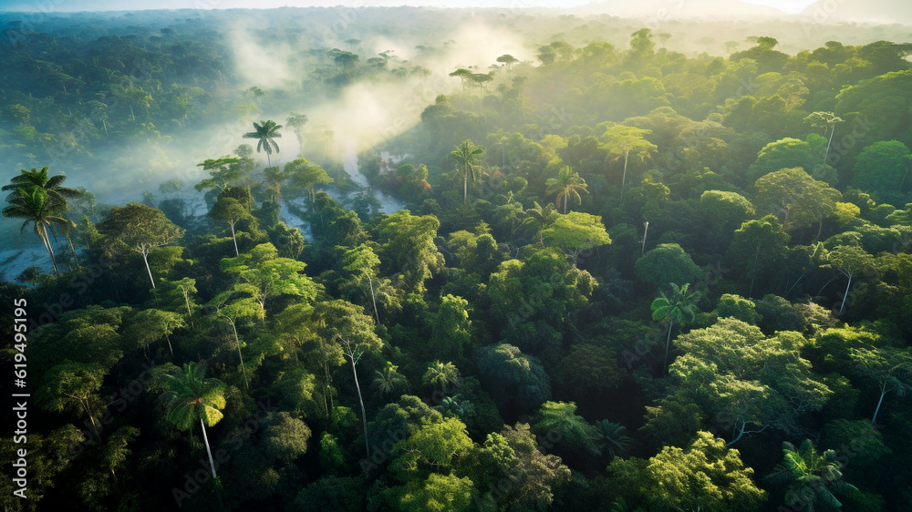 Aerial shot the breathtaking expanse of a green tropical forest. Generative AI