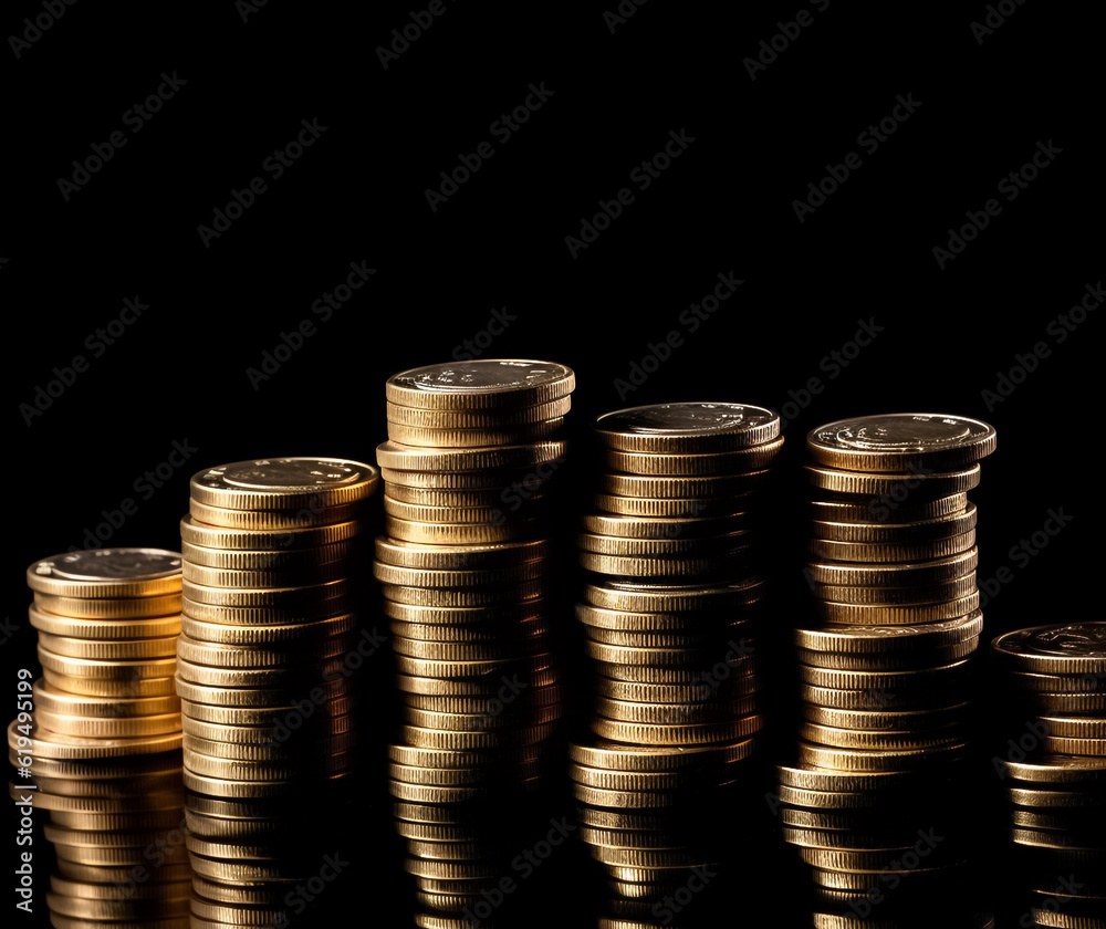 Set of realistic golden coins pile. Different Stacks of gold money, on black background Generative AI. Set of realistic golden coins pile. Different Stacks of gold money, on black background Generative AI.