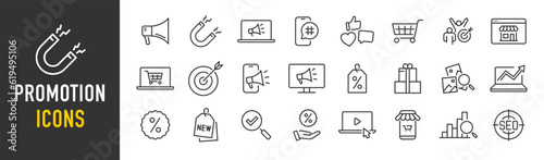 Promotion web icons in line style. Seo, megaphone, promoters, social media, growth, collection. Vector illustration.
