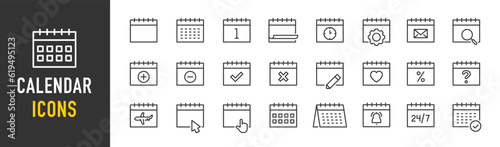 Calendar web icons in line style. Time and seasons, date, week, months, day, year, settings, collection. Vector illustration.
