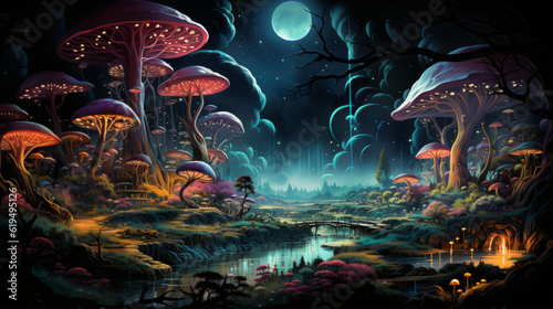 magic of the world  a magical forest full of mushrooms and creatures with moon in background  generative ai