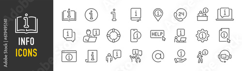 Info web icons in line style. Information, manual, online help, info center, instruction, rules, collection. Vector illustration.