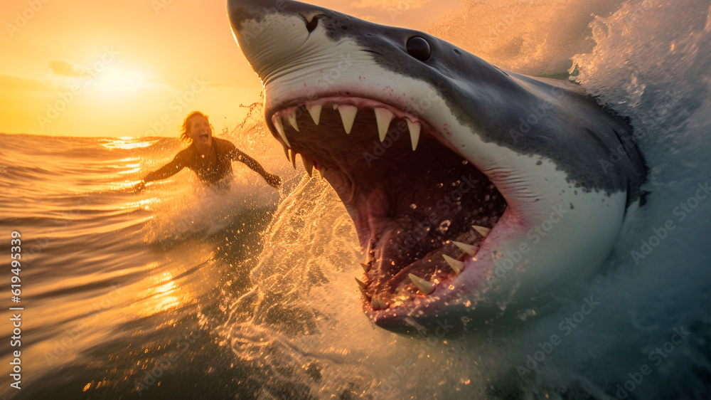 Obraz premium A menacing great white shark lunges towards a surfer in the water. Generative AI