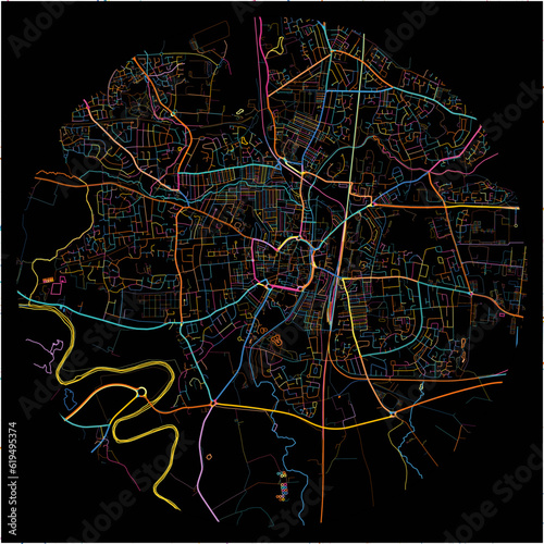 Colorful Map of Darlington, North East England with all major and minor roads.