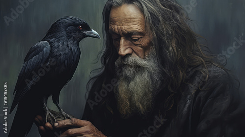 portrait of a person with a bird, man and his raven, generative ai