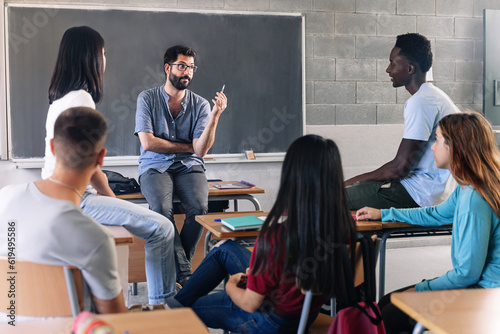 Teenager student class and young teacher sharing group discussion at High School - Education MentalHealth Support