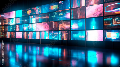 A futuristic chamber adorned with a mesmerizing video wall, Generative AI
