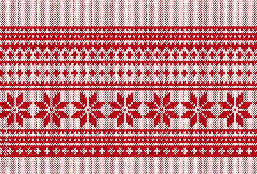 Festive sweater traditional ornament. Xmas print. Christmas red knitted texture with snowflakes ornament border. Knit seamless pattern. Holiday background. Vector illustration.