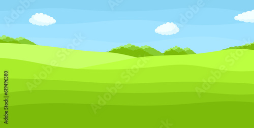 Natural landscape with fields, hills, blue sky and clouds. Rural scene horizontal background in flat style. Panoramic view of the summer landscape. Vector illustration