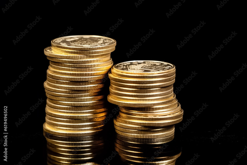 A striking display of stacked gold coins set against a solid black backdrop. generative AI. A striking display of stacked gold coins set against a solid black backdrop. generative AI.