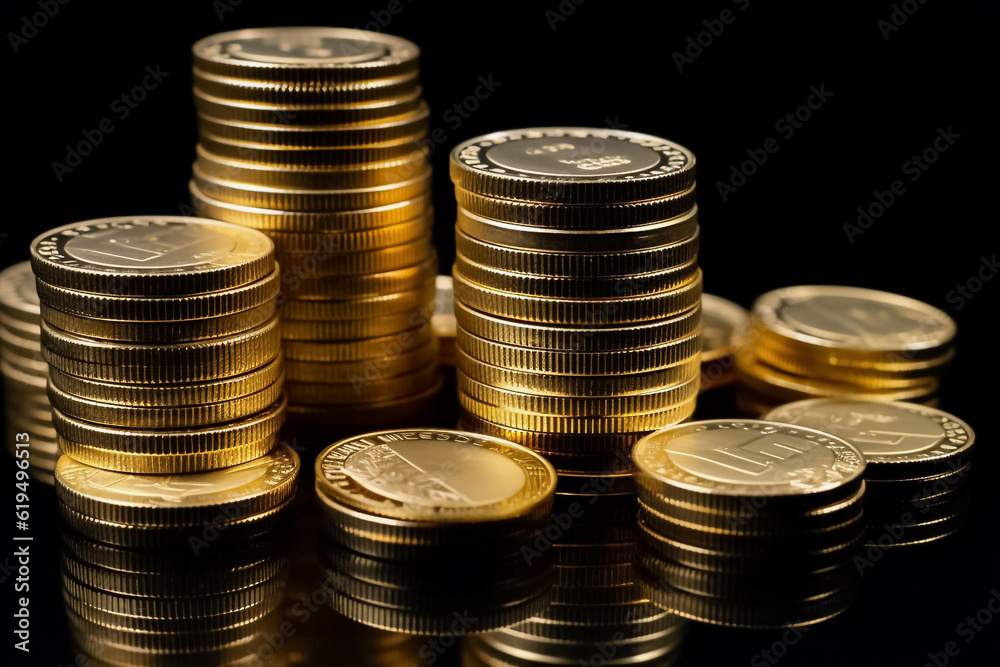 A striking display of stacked gold coins set against a solid black backdrop. generative AI. A striking display of stacked gold coins set against a solid black backdrop. generative AI.