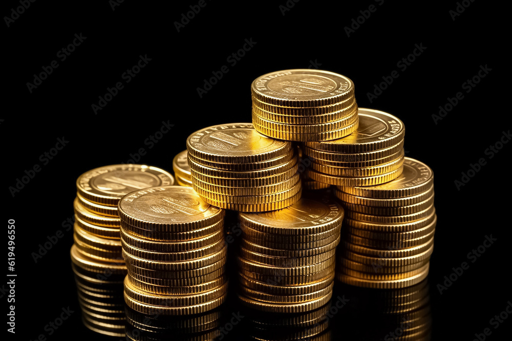 A striking display of stacked gold coins set against a solid black backdrop. generative AI. A striking display of stacked gold coins set against a solid black backdrop. generative AI.