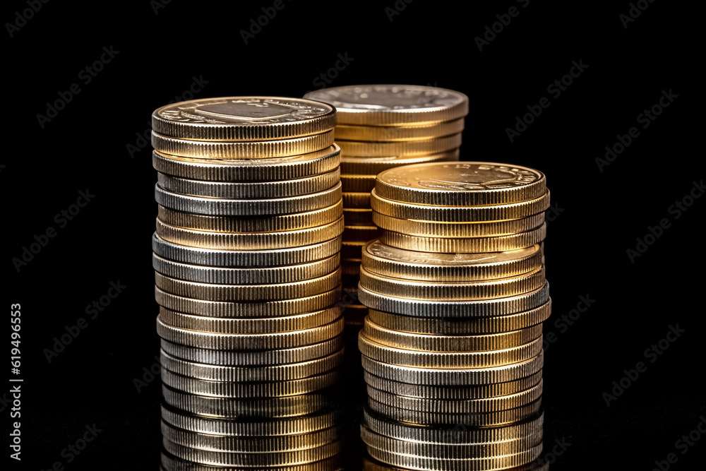 A striking display of stacked gold coins set against a solid black backdrop. generative AI. A striking display of stacked gold coins set against a solid black backdrop. generative AI.