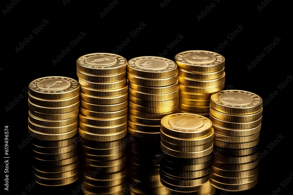 A striking display of stacked gold coins set against a solid black backdrop. generative AI. A striking display of stacked gold coins set against a solid black backdrop. generative AI.