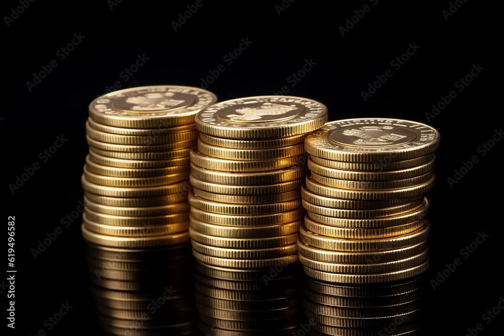 A striking display of stacked gold coins set against a solid black backdrop. generative AI. A striking display of stacked gold coins set against a solid black backdrop. generative AI.