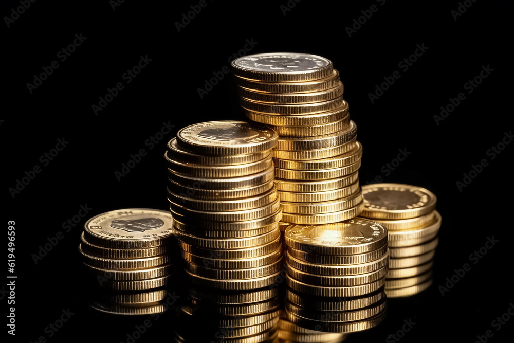 A striking display of stacked gold coins set against a solid black backdrop. generative AI. A striking display of stacked gold coins set against a solid black backdrop. generative AI.