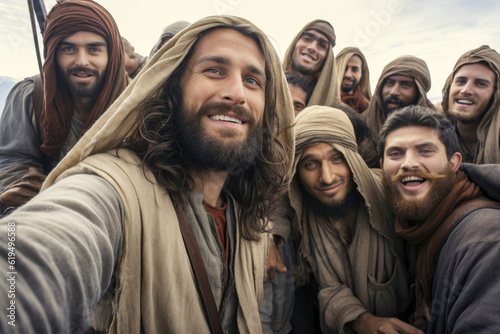 Selfie of Jesus Christ accompanied by the apostles and disciples Generative AI Illustration