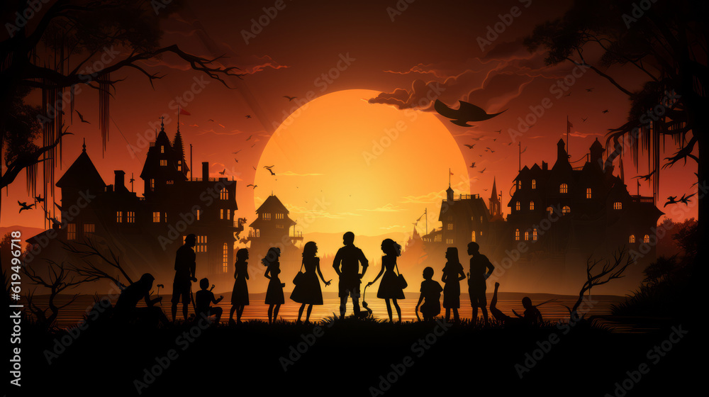 halloween party people, A silouette style shadow theatre, generative ai