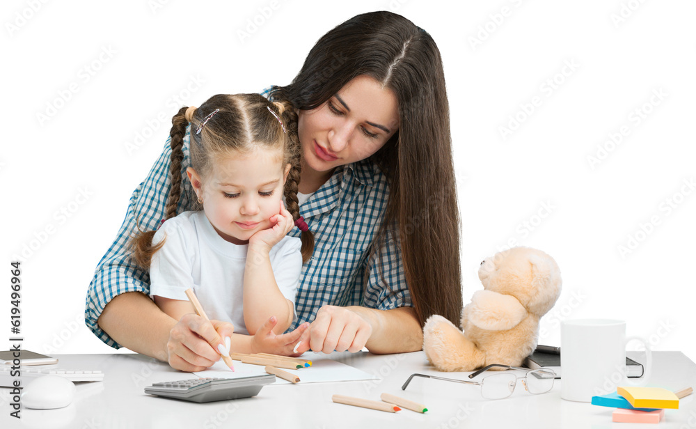 Working young mother for computer it home with little spoiled child . Mom or teacher and little girl child learn it home. Working young mother for computer it home with little spoiled child . Mom or teacher and little girl child learn it home.