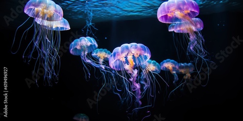Glowing jellyfish deep underwater , concept of Bioluminescence, created with Generative AI technology photo