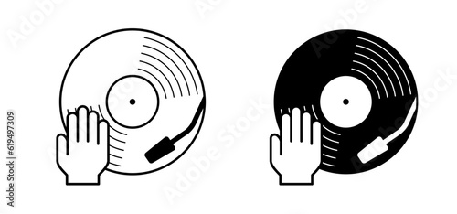 Cartoon hand scratching on vinyl or lp. The hands of DJ disk jockey turntable icon. Vinyl record album. Phonograph, music recording. Gramophone label and badge. dj hands. deejay in action.