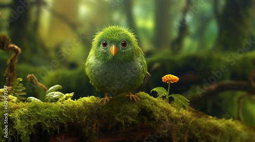 bird on the grass, a very cute little shamrock bird in mossy forest, generative ai © TheGoldTiger