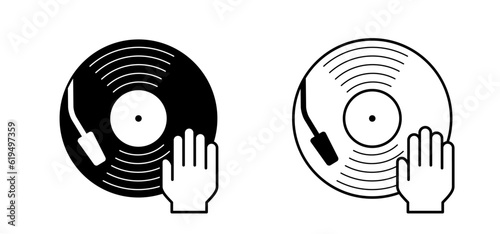 Cartoon hand scratching on vinyl or lp. The hands of DJ disk jockey turntable icon. Vinyl record album. Phonograph, music recording. Gramophone label and badge. dj hands. deejay in action.