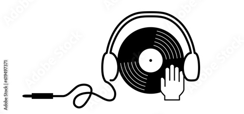 Cartoon hand scratching on vinyl or lp. The hands of DJ disk jockey turntable icon. Vinyl record album. Phonograph, music recording. Gramophone label and badge. dj hands. deejay in action.