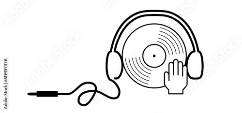 Cartoon hand scratching on vinyl or lp. The hands of DJ disk jockey turntable icon. Vinyl record album. Phonograph, music recording. Gramophone label and badge. dj hands. deejay in action.