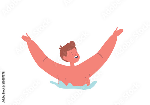 Distressing Situation, Drowning Child Boy Character Struggling In Water, Requiring Immediate Attention And Rescue