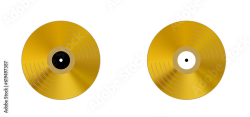 Cartoon golden vinyl or lp icon symbol. dj symbol. retro gold vinyl record album. Music plate, cover or envelope. Phonograph, turntable. Music recording. Gramophone label and badge. Pop award.