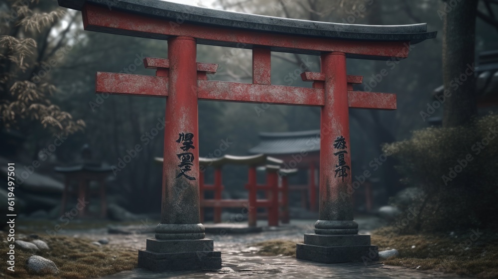 Red torii gate in the Japanese temple in the middle of the forest Red torii gate in the Japanese temple in the middle of the forest