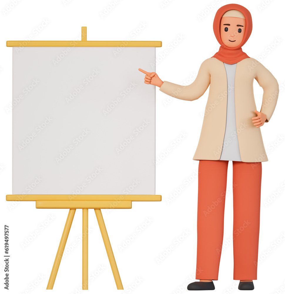 Muslim woman in hijab pointing at presentation board. 3d young muslim woman character showing white board Muslim woman in hijab pointing at presentation board. 3d young muslim woman character showing white board