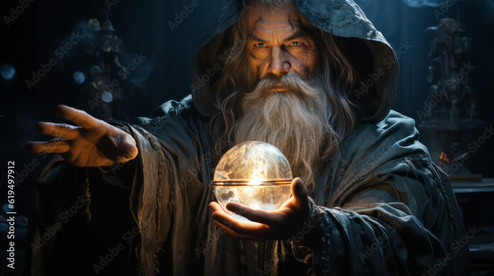 statue of the person in the night, a wizard in white robes offering an orb, generative ai