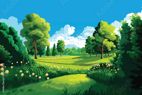 Vector flat green landscape illustration with trees and flowers