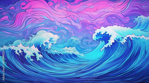 Illustration of waves on the sea under the beautiful starry sky 