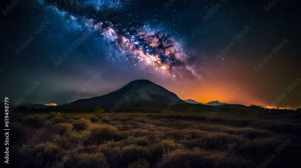 Fototapeta premium Captivating the Star is colorful at Night Landscape, Exploring the Majestic Beauty of Mountains and the Milky Way Galaxy